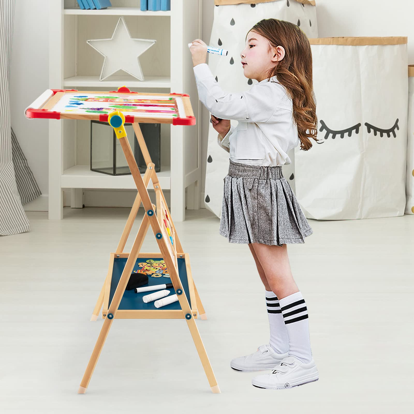 COSTWAY Caballete Pizarra de Madera para Niños, 3 en 1 Pizarra Blanca Caballete Infantil, Bandeja de Almacenaje, Rollo de Papel, Ábaco Educativo, Reloj & Alfabeto, Tablero de Dibujo de Doble Cara