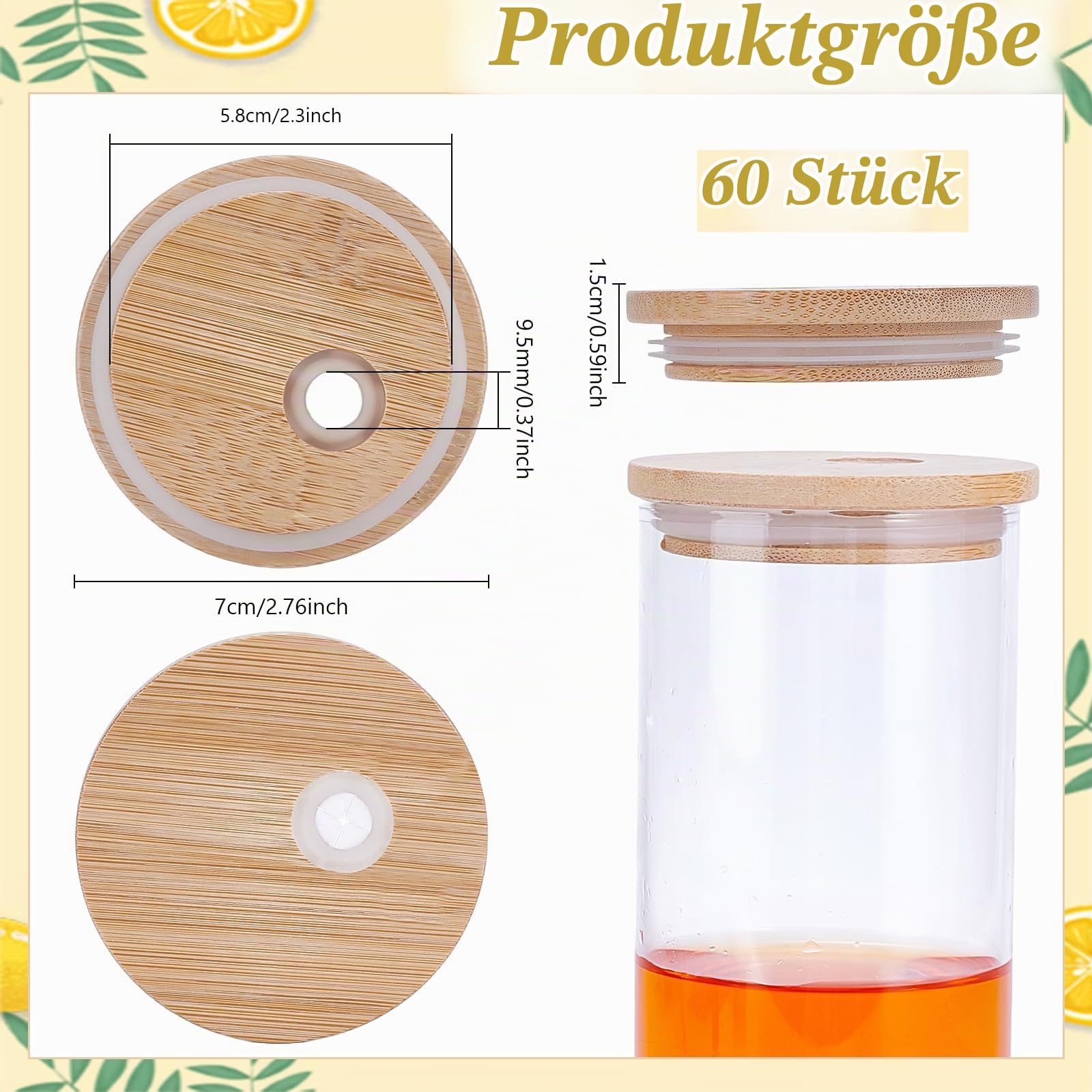 60 Stück 70mm Bambusdeckel Mit Strohhalmloch Für Gläser Aufbewahrungsdeckel Aus Bambus Für Einmachgläser Mit Silikonring Glasdeckel Für Trinkgläser Mit Normaler Öffnung