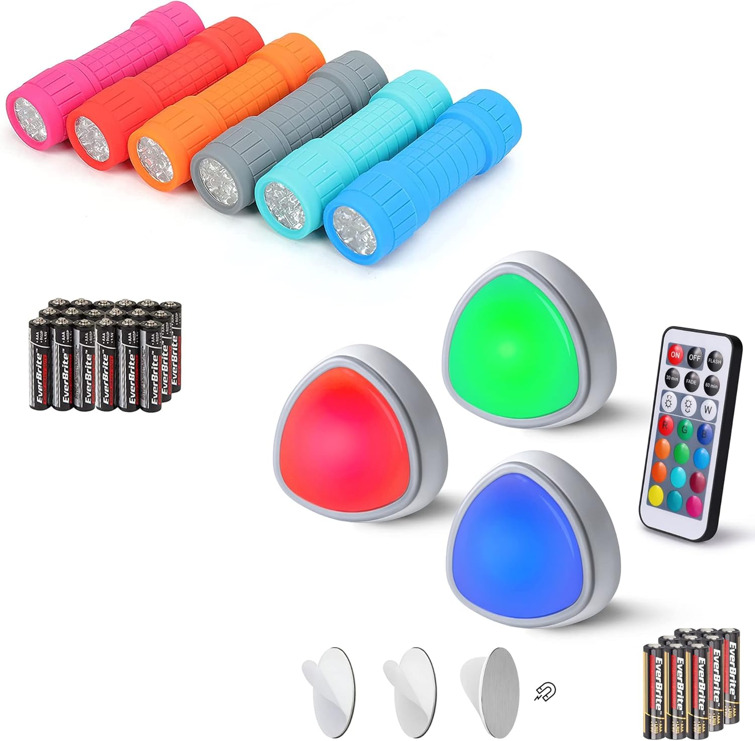 EverBrite 6Pack 9LED Flashlight and 3Pack LED Tap Light with Extra 27 Batteries