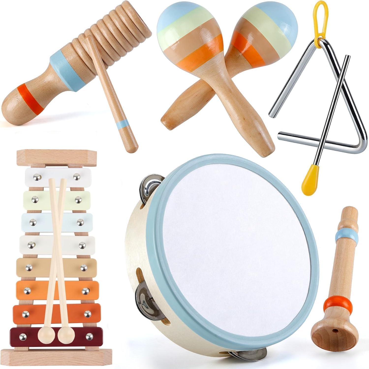 BLIVORRA Baby Musical Instruments Set – Montessori Wooden Music Toys for Toddlers & Kids with Xylophone, Tambourine & More – Boho Percussion Set for Kids Preschool Educational, BPA-Free, Age 1-3