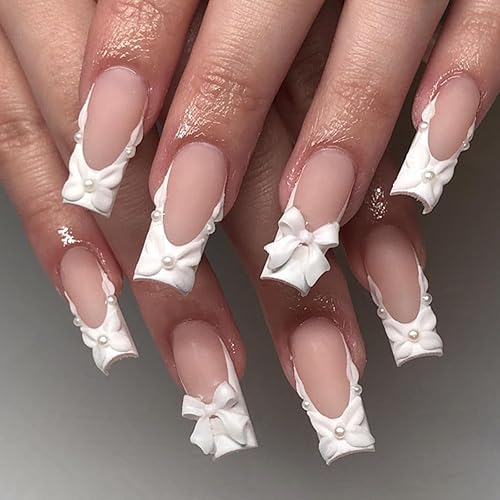 Uñas postizas a presión con punta francesa blanca y cuadradas, diseño de encantos de mariposa prearls, color rosa, uñas postizas extra largas, 24