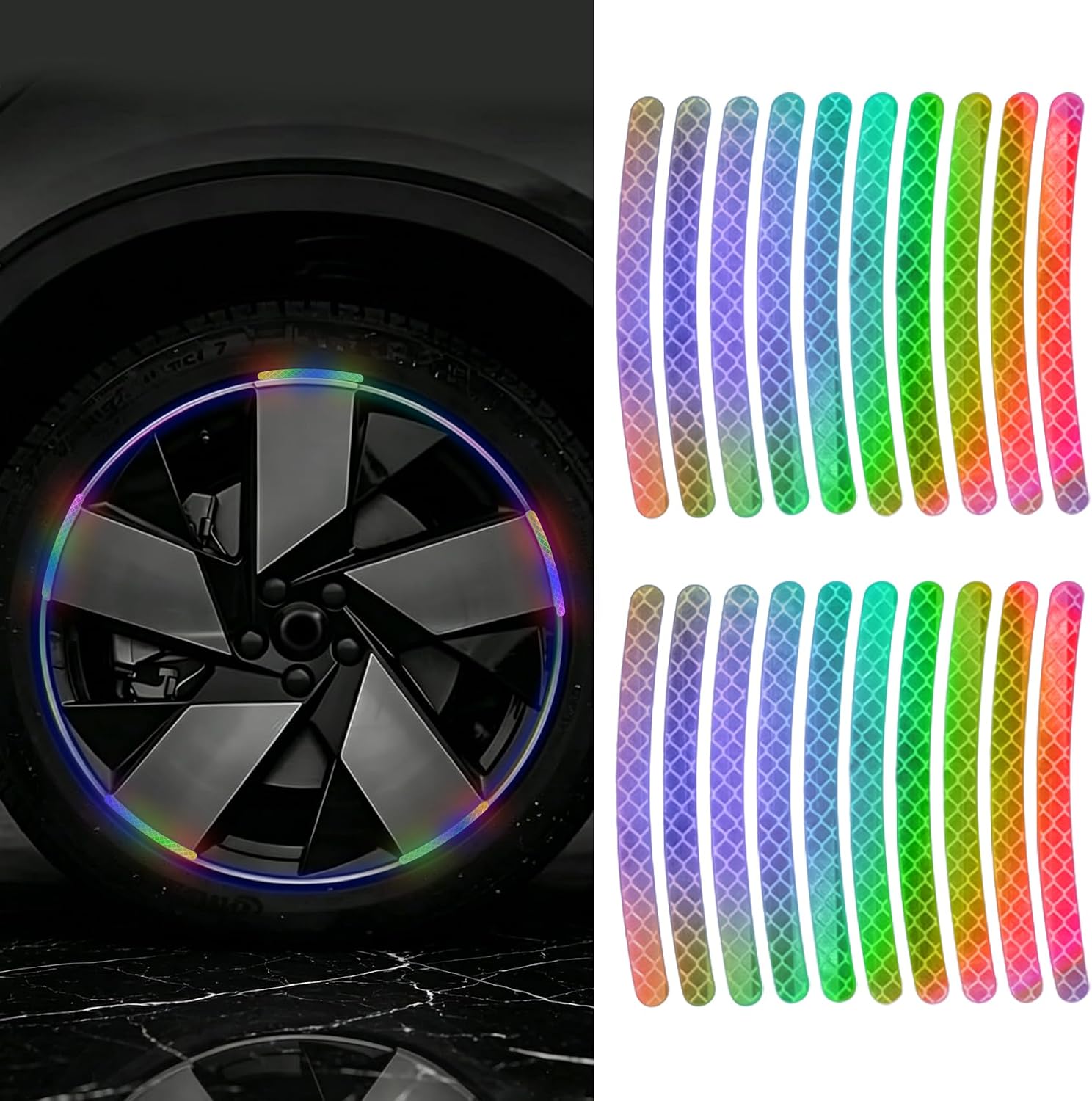 20PCS Car Wheel Stripe Reflective Stickers, Car Decals, Anti Scratch Night Safety Warning Stickers, Auto Tire Rims Sticker Accessories Universal for Motorcycles, Bicycles (Colorful)