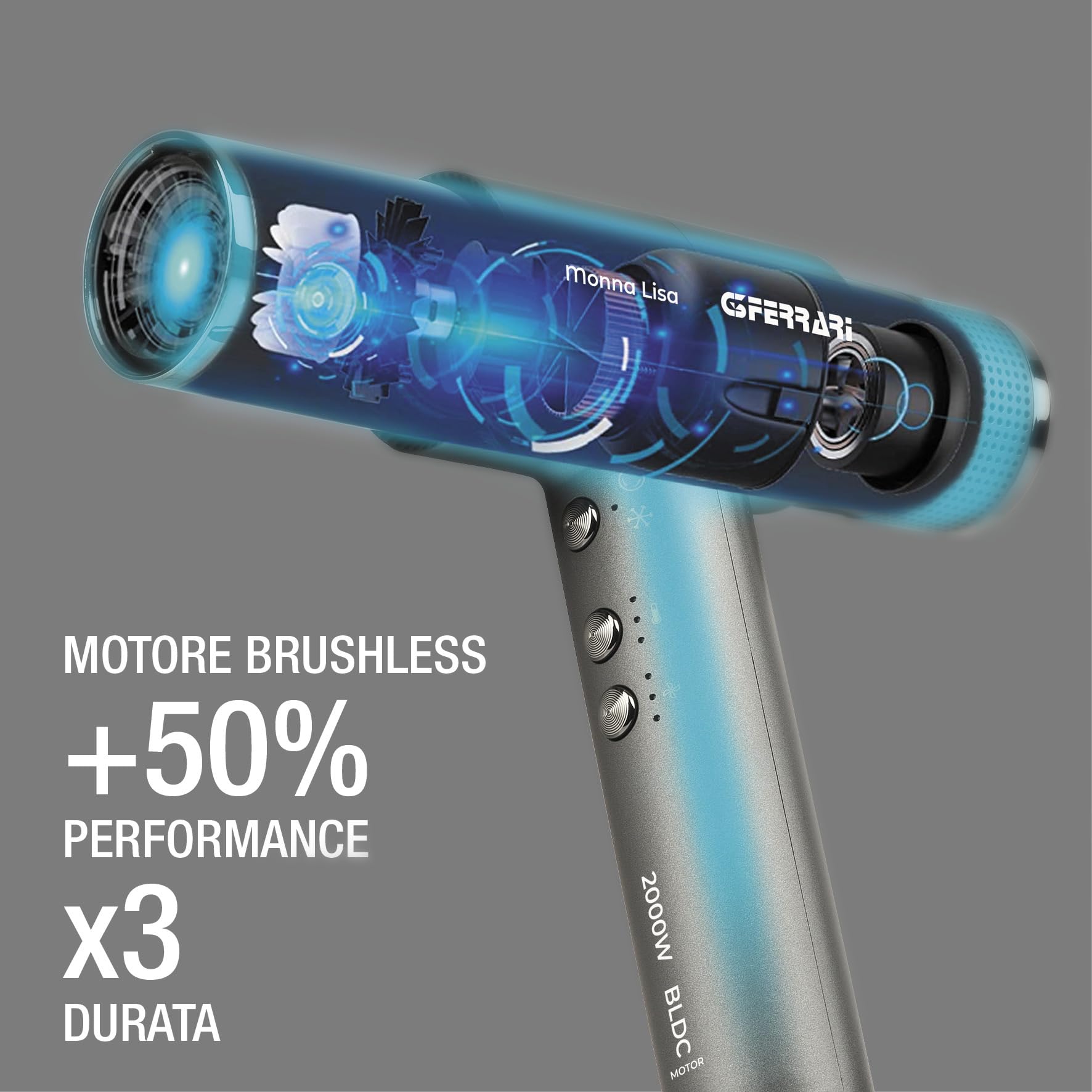 G3 Ferrari G30061 Monna Lisa Asciugacapelli Brushless Professionale, Motore BLDC, 2000 W, 3 Velocità, Funzione Ionic Oxy-active, 110.000 RPM, Diffusore, Concentratore e 2 Coni Wave Design