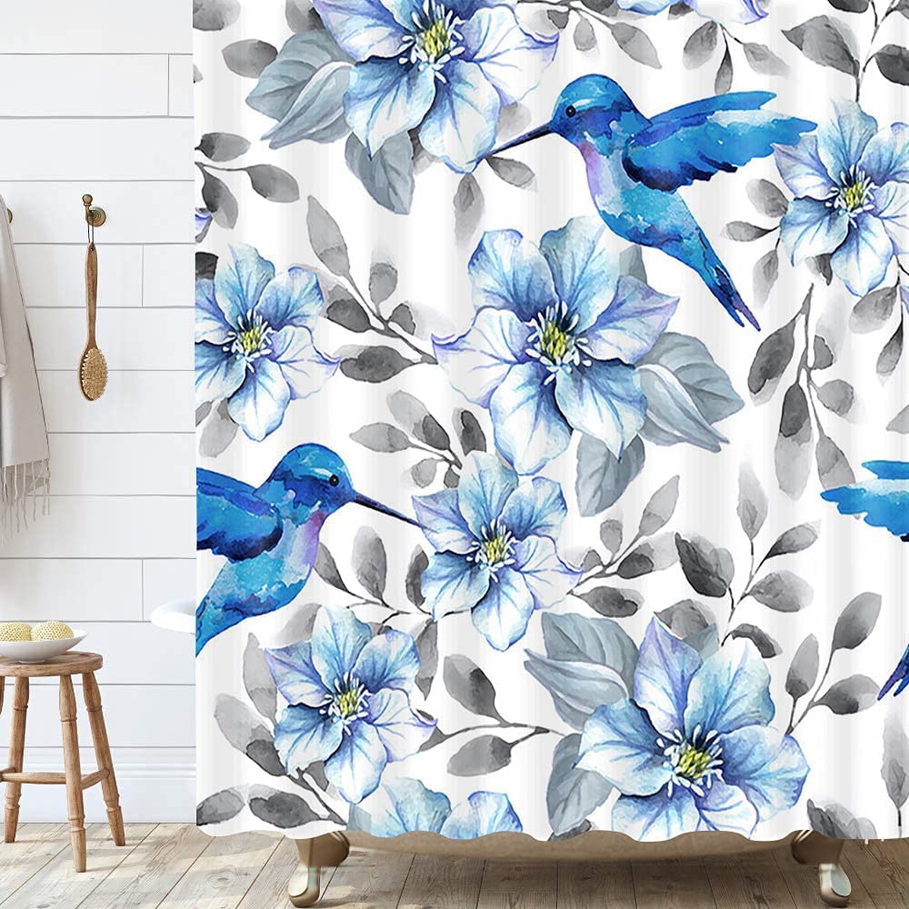 Duschvorhang Mit Blumenmuster – Wasserdicht, 183x183 Cm, Blau-gelbes Design, Inkl. 12 Metallhaken