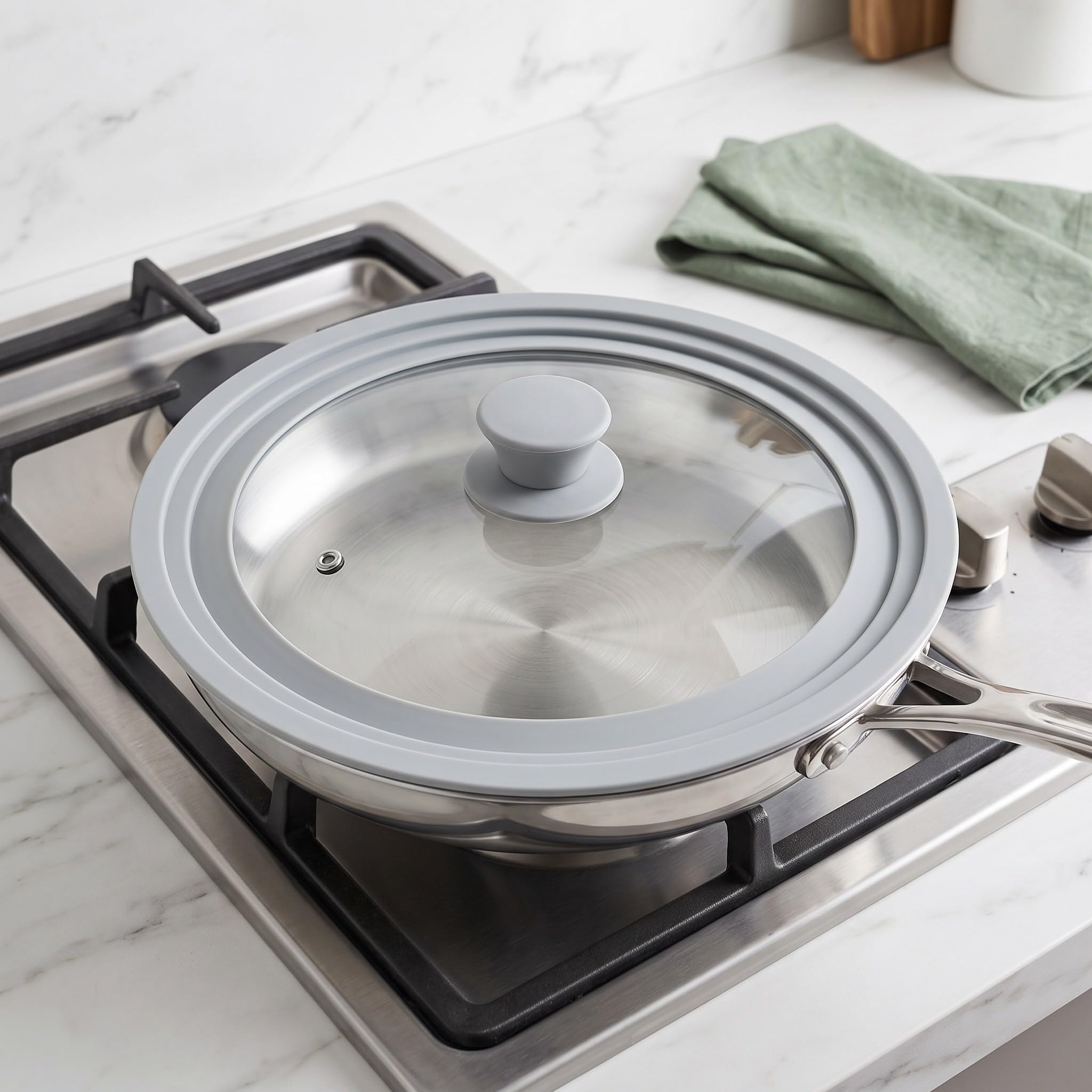 OUNONA Coperchio universale per pentole, padelle e casseruole - Coperchio in vetro temperato antigoccia da 33 cm con bordo in silicone - di ricambio resistente al calore per pentole e padelle da