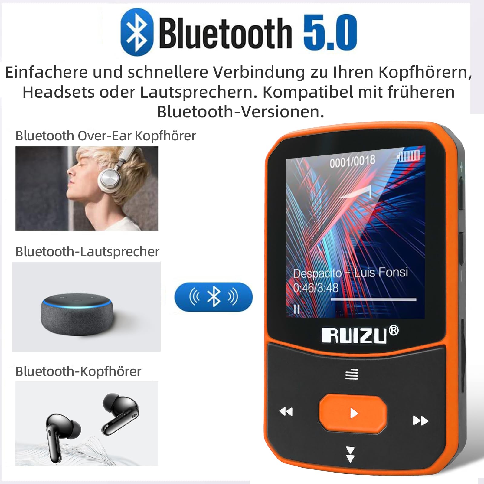 Lettore MP3 RUIZU X52 64GB - Bluetooth 5.0, Schermo 1.5", Radio FM, Pedometro, Per Sport