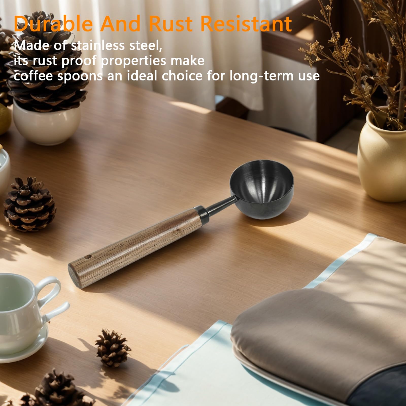 Cuchara de café de acero inoxidable con mango de nogal, cuchara medidora de metal para café molido, espresso, sales de baño, fórmula, cuchara multiusos duradera (negro)