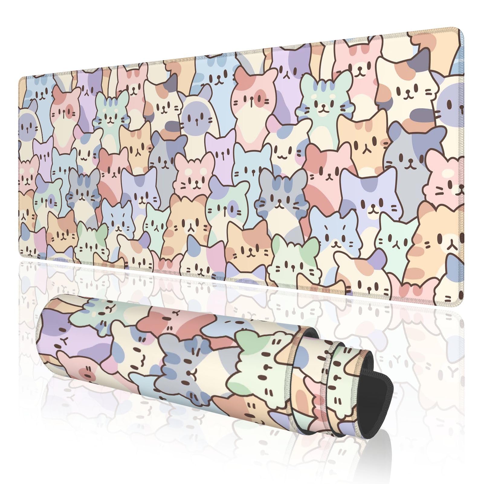 Colorful Cute Cats Large Cartoon Gaming Mouse Pad with Anti-Slip Base, Kawaii Cat Extended XL Mousepad for Girl, Desk Mat with Stitched Edges for Desk, 31.5 x 11.8 in, Colorful