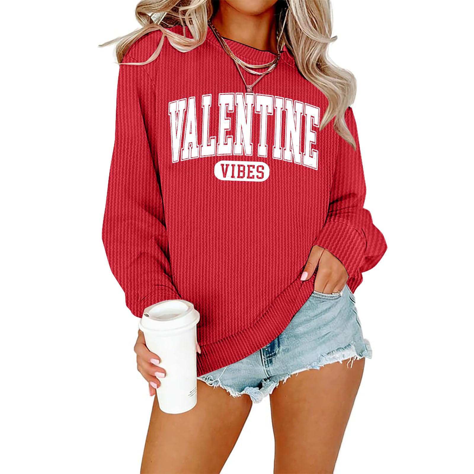 Valentines Day Sweatshirt Valentine Shirt: Women Cute Love Heart Sweater Lightweight Pullover Long Sleeve Top-image-49