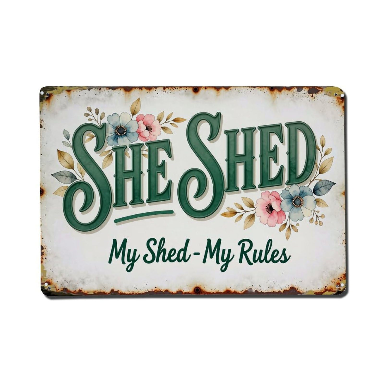 She Shed Floral Sign Art Retro Metal Tin Sign, Vintage Decor Art Poster for Bar, Home, Man Cave, Kitchen, Laundry Room Gift 8x12Inch