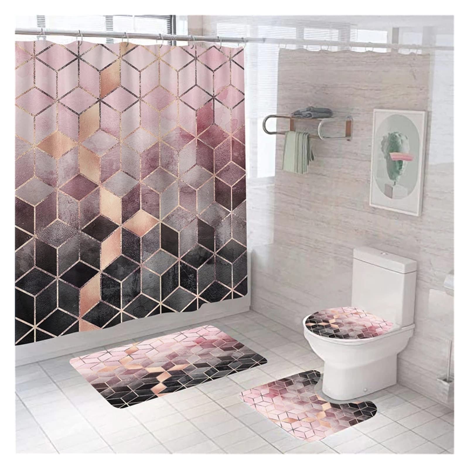 MOBYGKFY Geometric Marble Print Shower Curtain Bath Mat Set Soft Carpet Anti-slip Rug Toilet Lid Cover Bathroom Home Decor