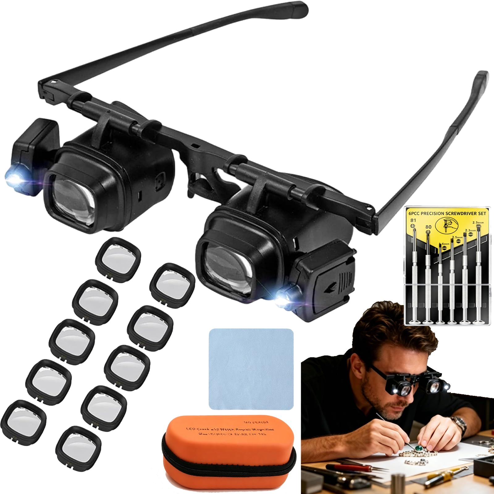Precision LED Magnifier Glasses, Magnifying Glasses for Electronics & Crafts, 2X to 24X Interchangeable Lenses, Precision Magnifier with LED Light for Close Work (5 lenses+screwdriver)