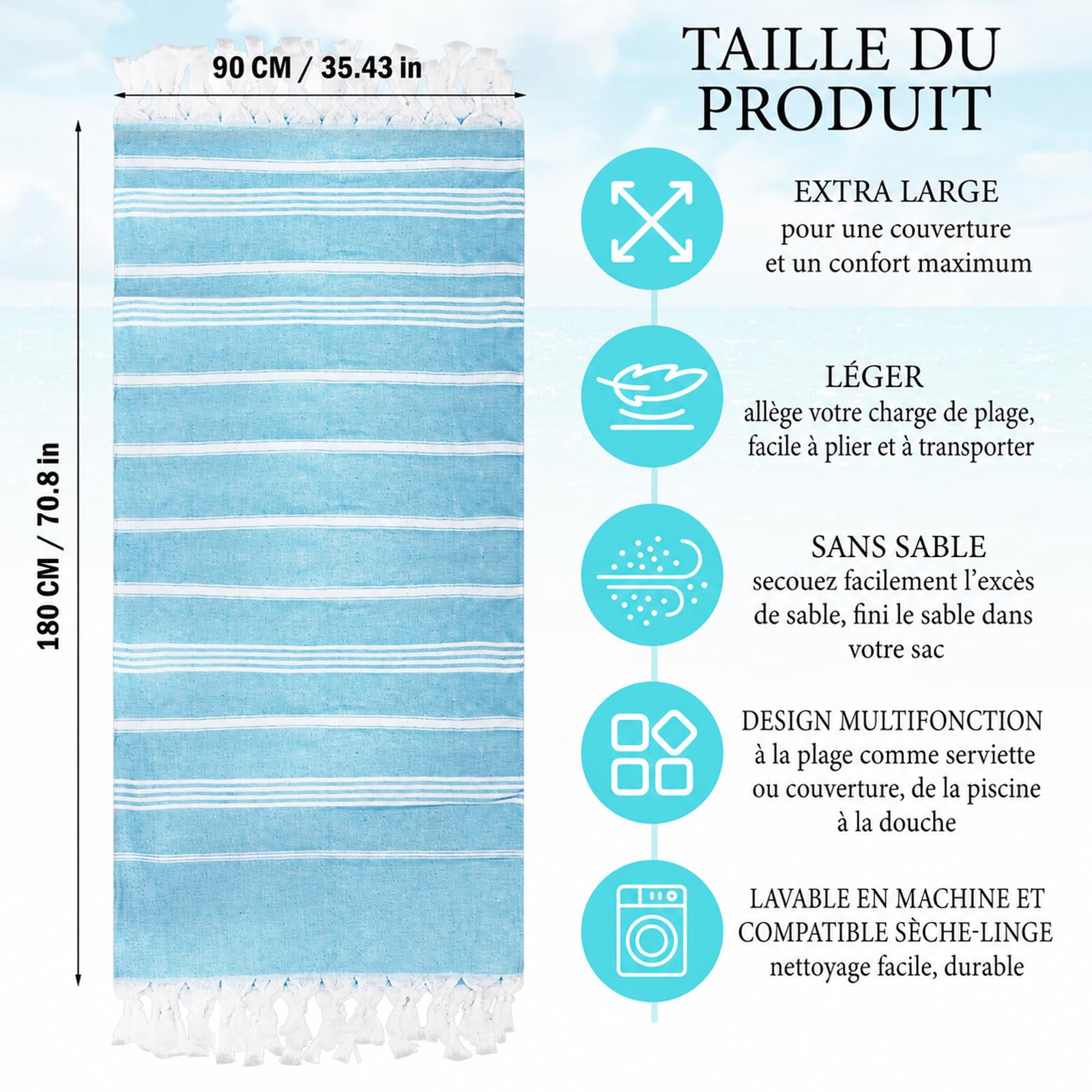 Lot de 6 Serviettes de Plage Fouta en Coton, 90 x 180 cm, avec Franges | Draps de Bain Légers à Séchage Rapide pour Vacances, Piscine, Camping, Spa, Hammam et Salle de Bain