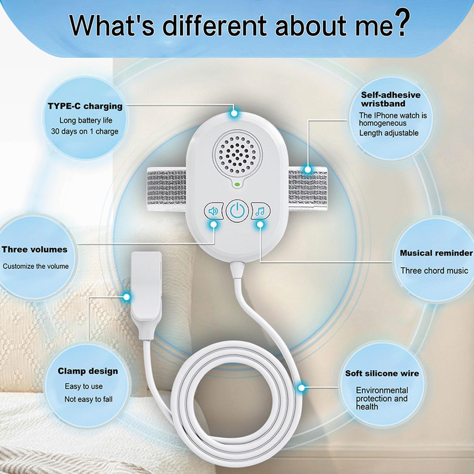 Sensor de enuresis de cama, solución de entrenamiento para ir al baño, alarma de sonido fuerte, alerta de vibración fuerte, monitor de enuresis nocturna, dispositivo de entrenamiento eficaz, sensor