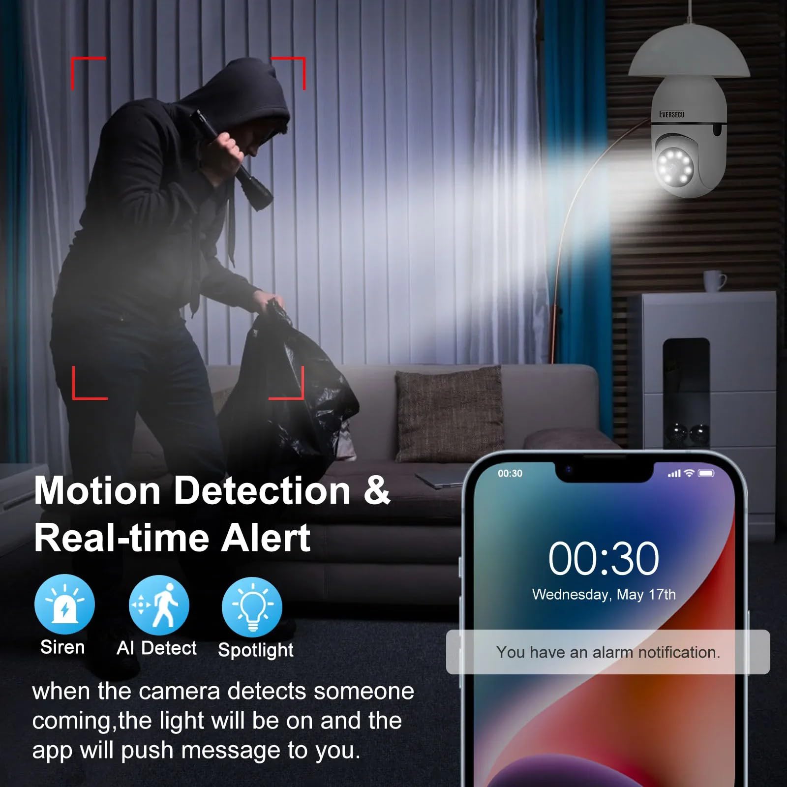 EVERSECU Lot de 4 ampoules sans fil 1080p avec caméra de sécurité, WiFi 2,4 g et 5 g, suivi automatique, audio bidirectionnel, vision nocturne intelligente, compatible ONVIF et RTSP, fonctionne avec