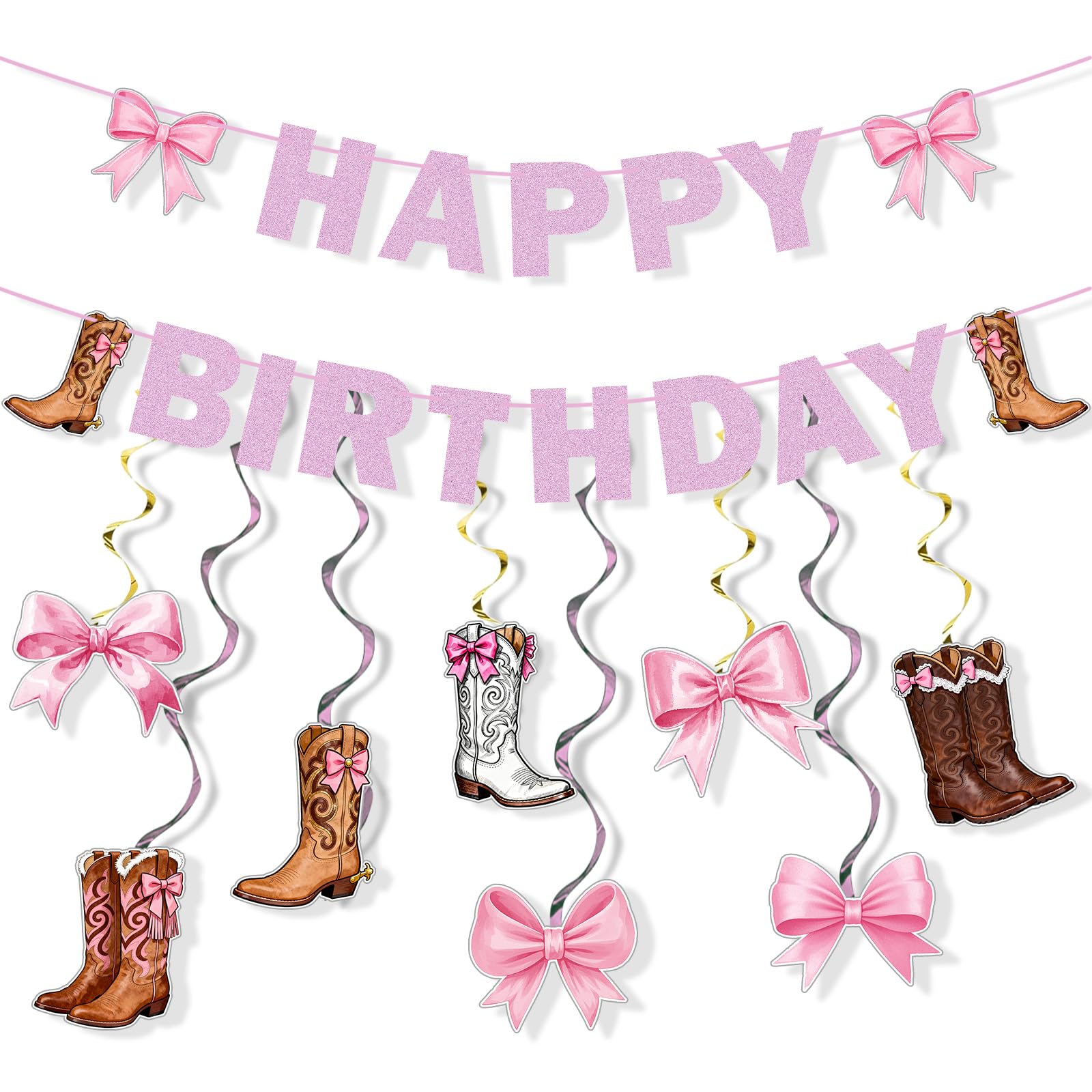 Pink Cowgirl Birthday Banner Decorations Kit, Boots and Bows Cutouts, Hanging Swirls for Western Themed Rodeo Bachelorette Party Supplies, Indoor & Outdoor Wall Ceiling Decor
