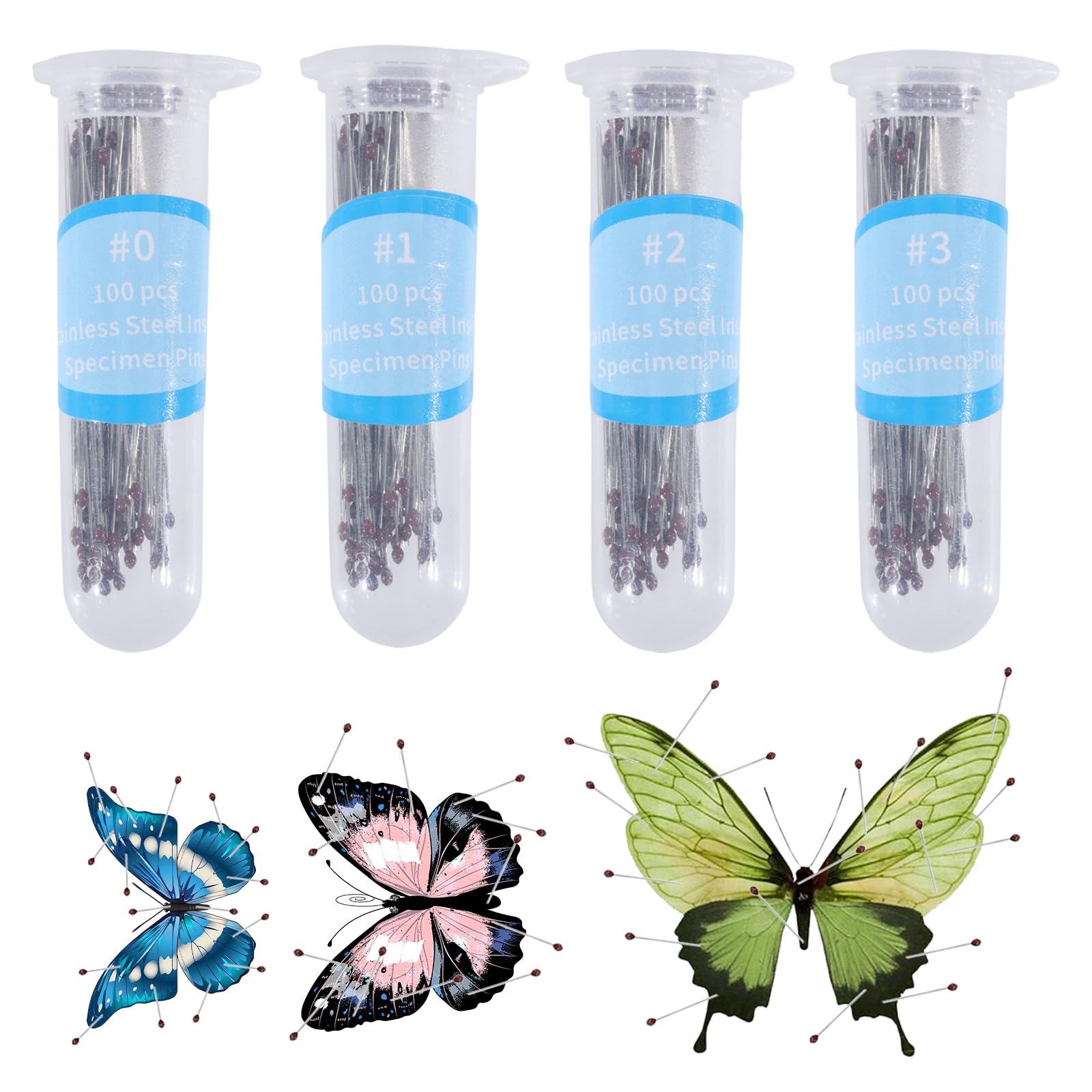 GLOBLELAND 400Pcs 4 Sizes Stainless Steel Insect Pins Specimen Entomology Pins and Butterfly Collections Needle for School Butterfly Collectors with Plastic Bottles (Size # 0 1 2 3)