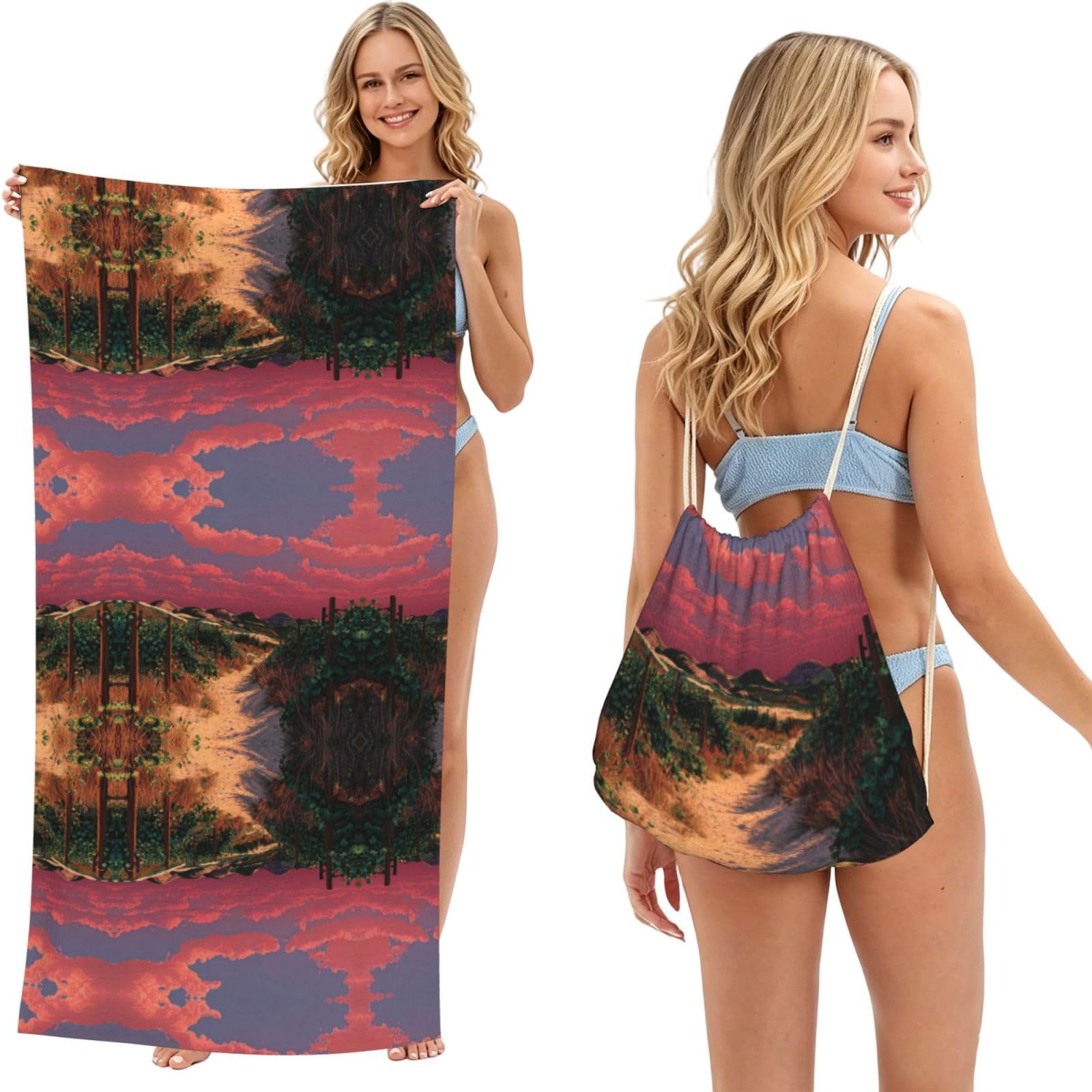 EZDLOWVBA Vineyard Sunset Print Beach Towel Backpack 2 In 1 Summer Large Lightweight Beach Towel - Multifunctional Ship Pattern Towel Bag For Storage,Sport