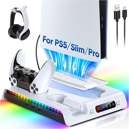 FASTSNAIL Charging Stand with Cooling Fan for PS5 Original/Slim/Pro, Dual Controller Charger Station with 9 RGB Lights, Headset Hook, 3 Cooler Fans and LED, Accessories Kit for PS5/Slim/Pro Console
