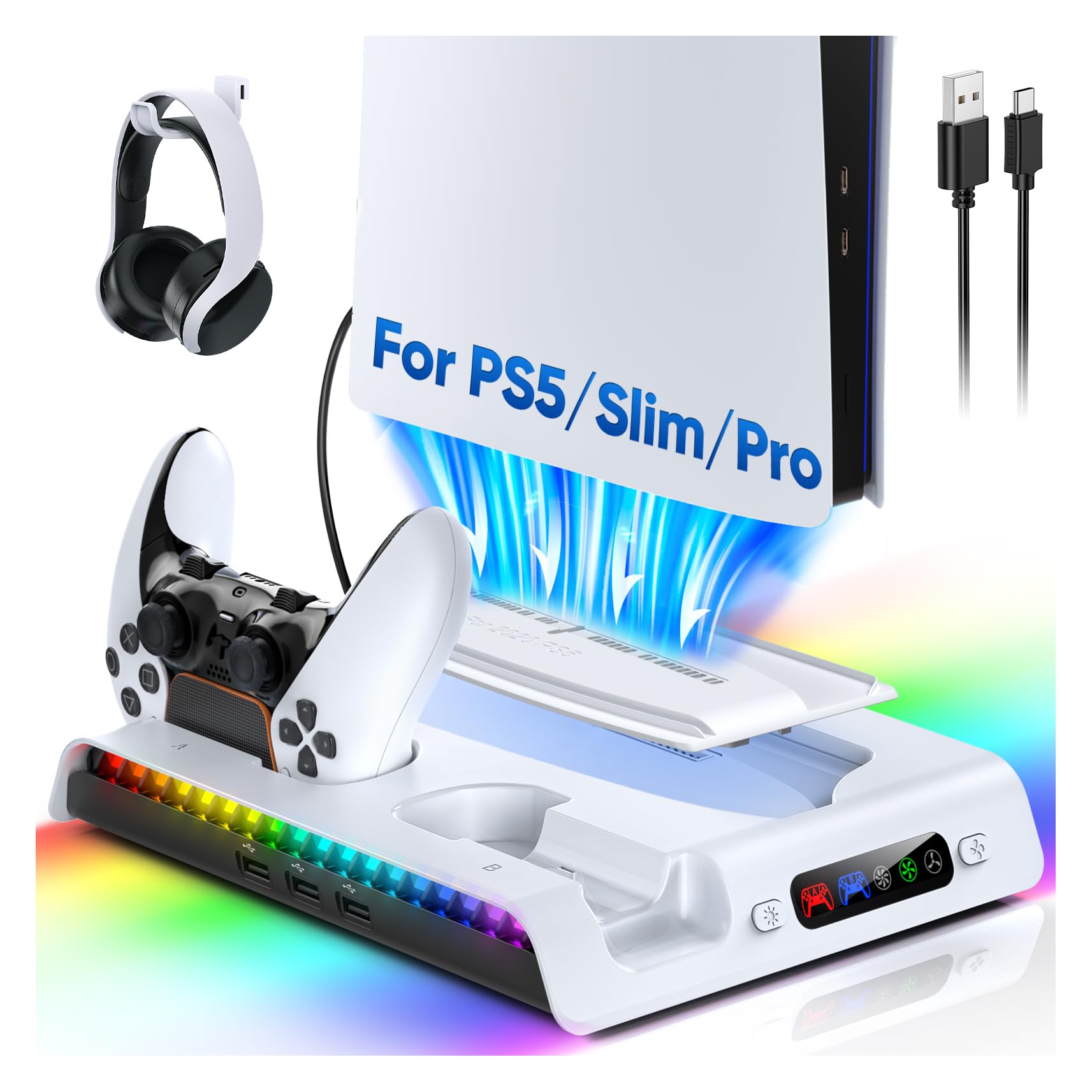 FASTSNAIL Charging Stand with Cooling Fan for PS5 Original Slim Pro Dual Controller Charger Station with 9 RGB