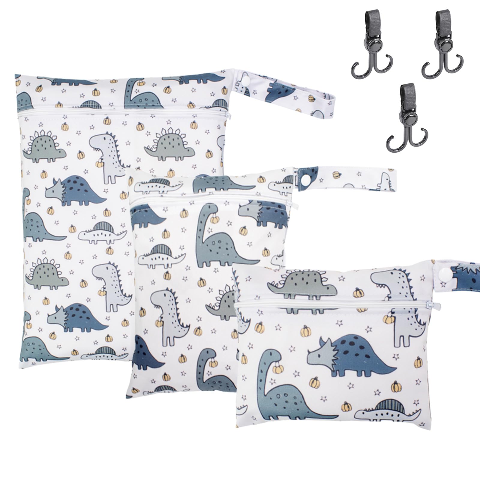 VEGCOO 3 Pcs Dinosaur Pattern Nappy Bags, Waterproof Wet Dry Bag Reusable Washable Cloth Diaper Swim Nappy