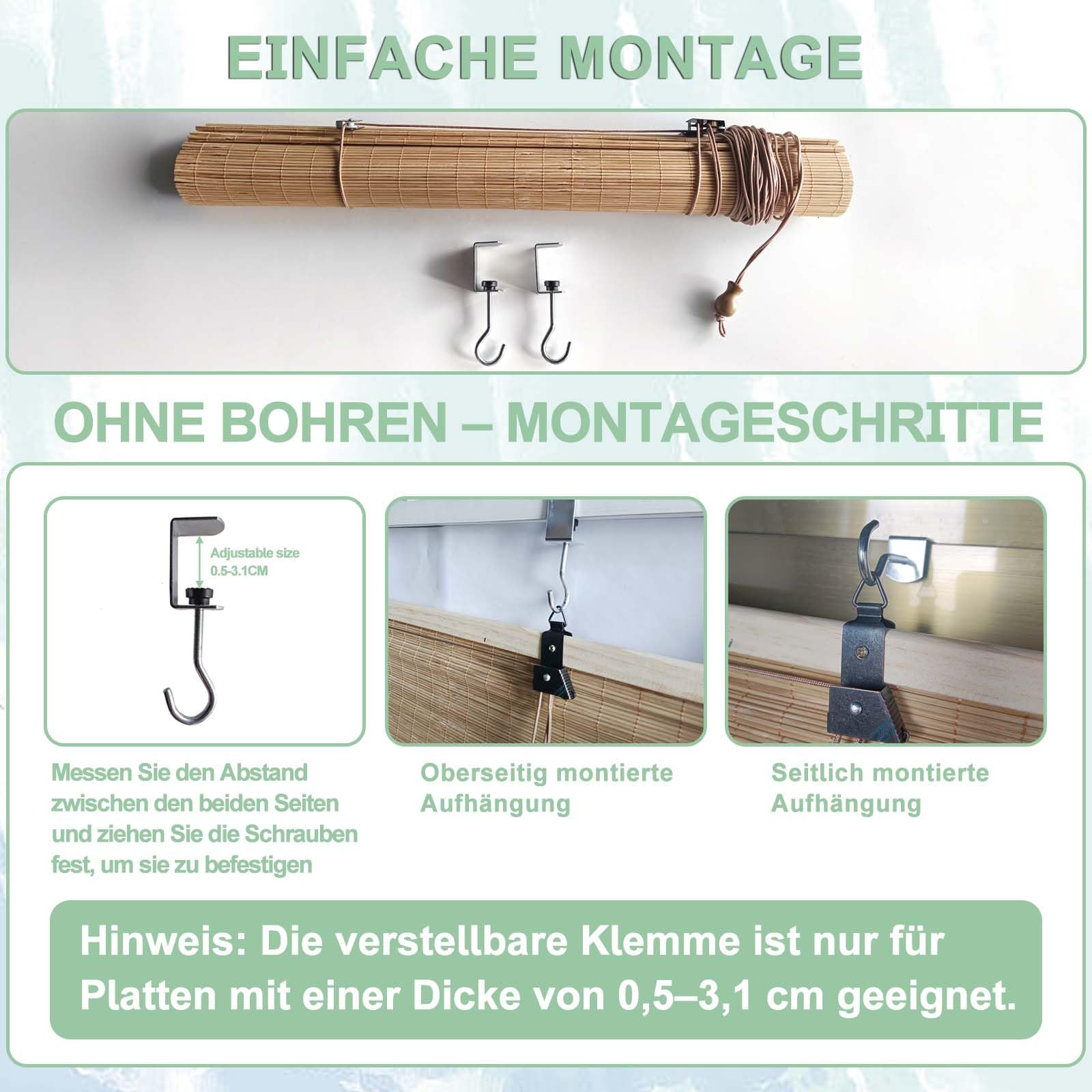 Bambusrollo Aussenbereich 60x200cm, Sonnenschutz Bambus Jalousie Inkl Montaematerial Holz Jalousie für Fenster und Türen - 60x200cm