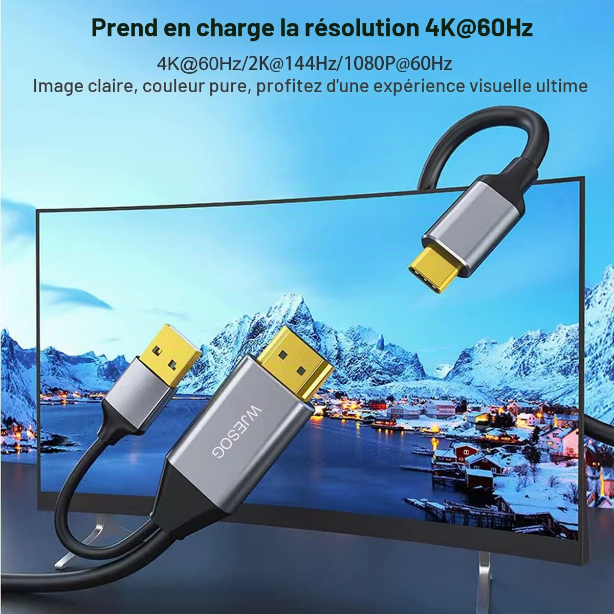 HDMI vers USB C Câble 6.6ft 4K@60Hz avec Alimentation USB, Convertisseur HDMI mâle vers Type C Mâle Compatible Touch pour MacBook Pro, Mac Air, Nreal Air VR
