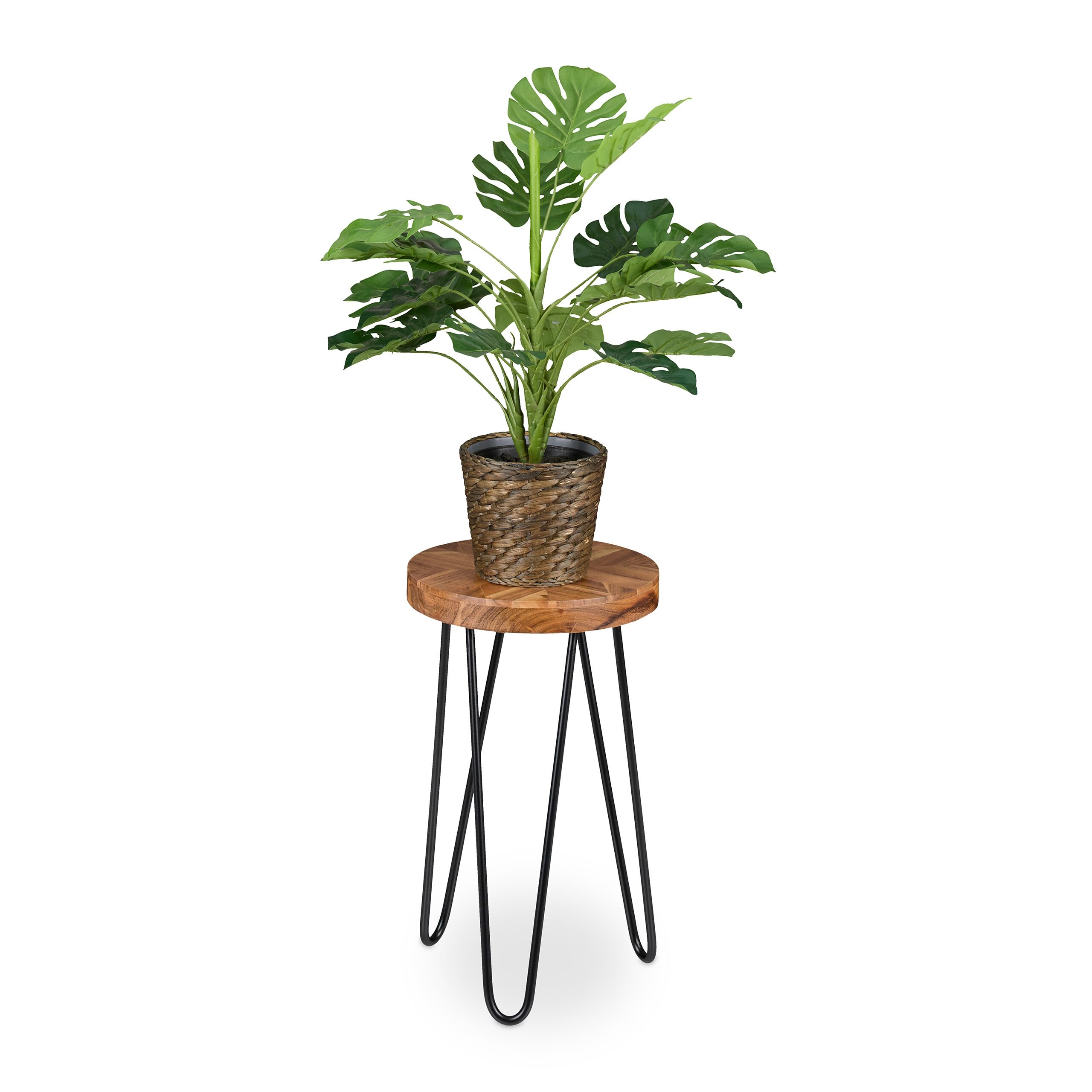 Relaxdays Taburete para Plantas, Madera de Acacia, Redondo, para Macetas, Soporte Flores Retro 42x25 cm, Marrón/Negro