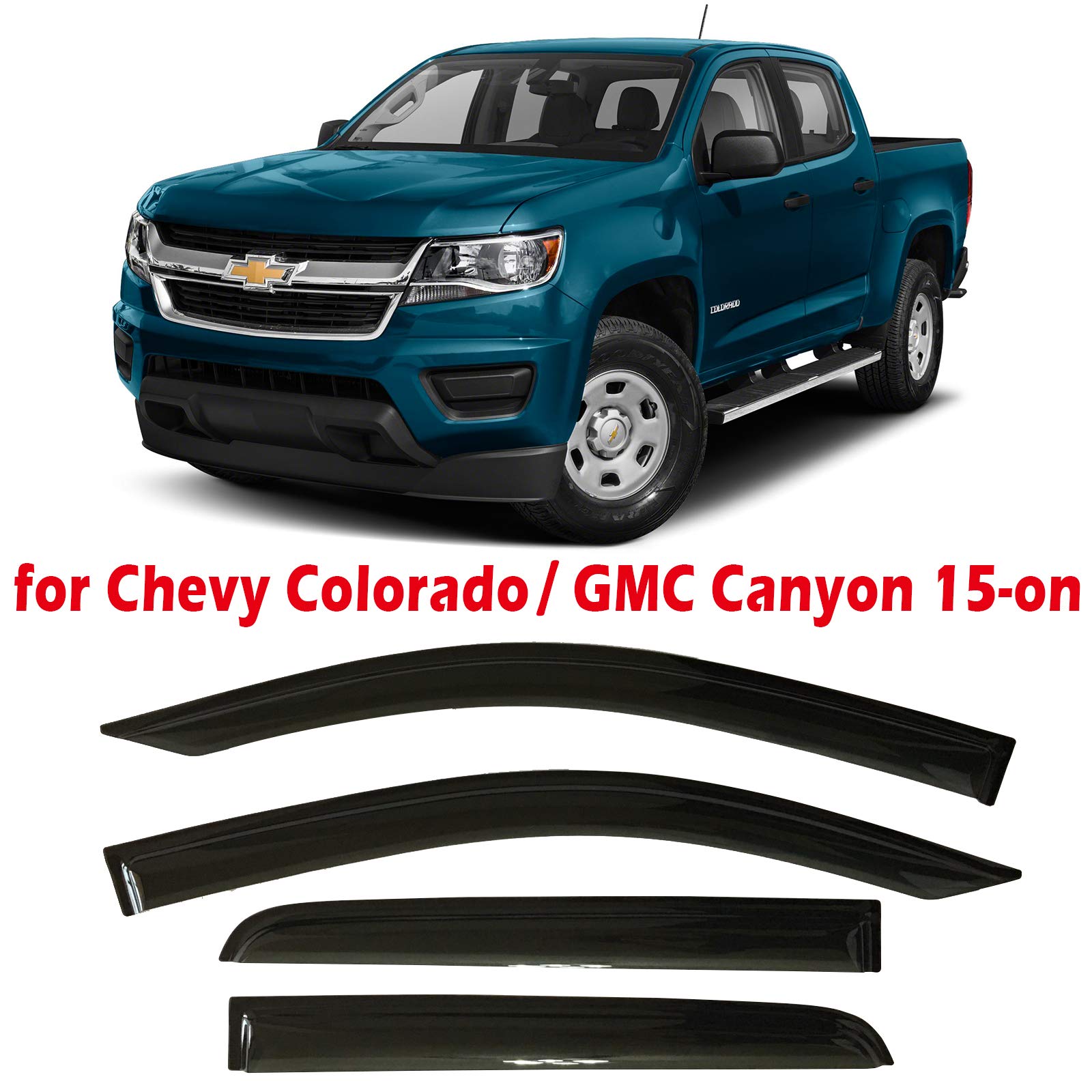2015-2022 Tape-On Side Window Deflector Visors Compatible with Chevrolet Colorado (Chevy) & Compatible with GMC Canyon Dark Tinted Rain Guards 2016 2017 2018 2019 2020 2021