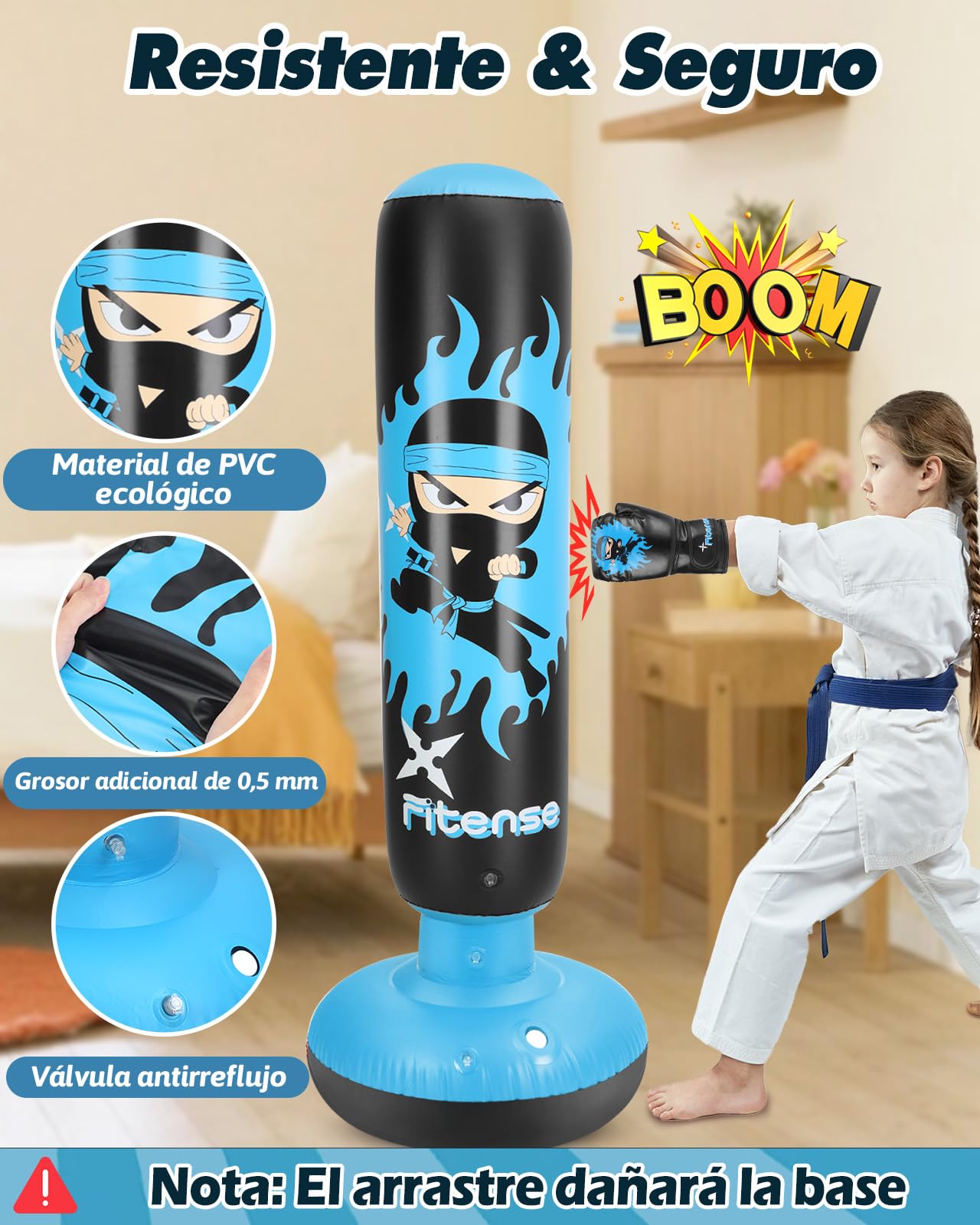 Fitense Saco de Boxeo Niños, 160cm Boxeo Saco Inflable con Guantes y Bomba, Punching Ball Estable para 3-12 Años, Set Regalo Saco de Boxeo de Pie para Práctica de Karate, Taekwondo, MMA,Ninja Azul