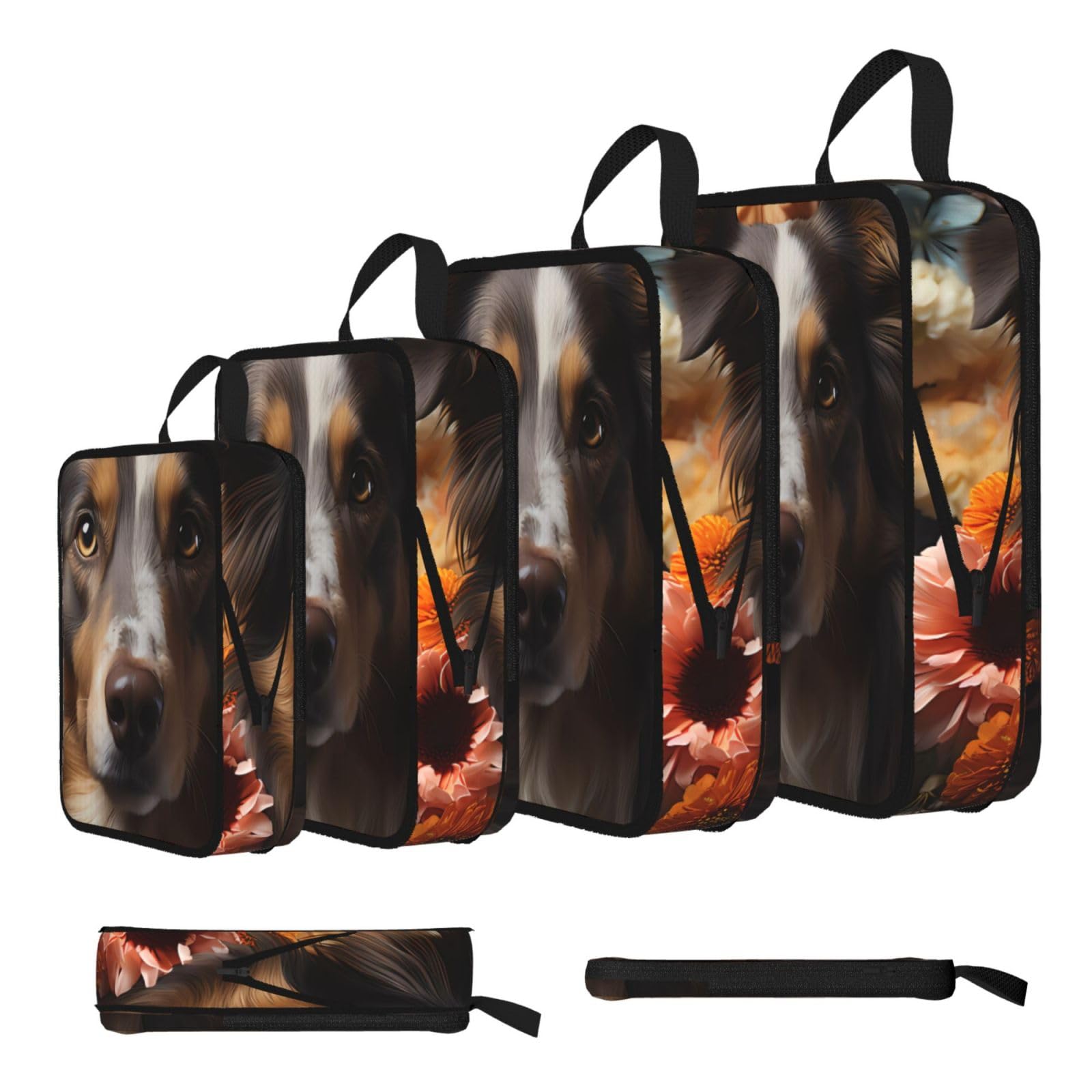 Cute dog with flowers Compression Packing Cubes 4 Piece Set
