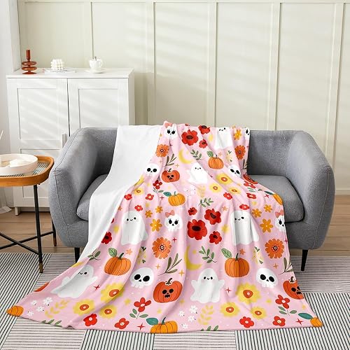 Feelyou Cute Halloween Skulls Ghost Fleece Throw Blanket Pumpkins Flower
