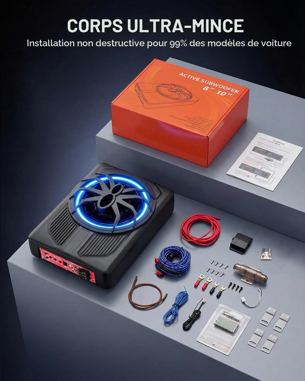 Subwoofer Actif 10 Pouces 1000 W Max avec Éclairage Bleu