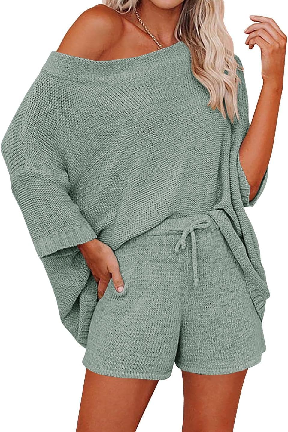 Ermonn Womens 2 Piece Outfits Sweater Sets Off Shoulder Knit Tops Waist Short Suits Casual Pajama Set