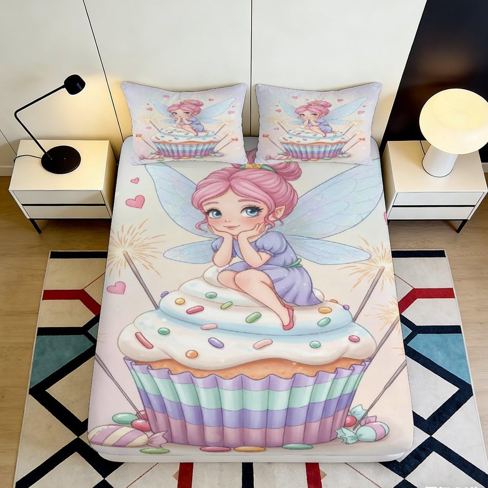 3D Printed Fairy Cupcake Fitted Sheet Microfiber Anti-Slip Bed Cover for Bedroom Dorm Machine Washable 140x200x25cm