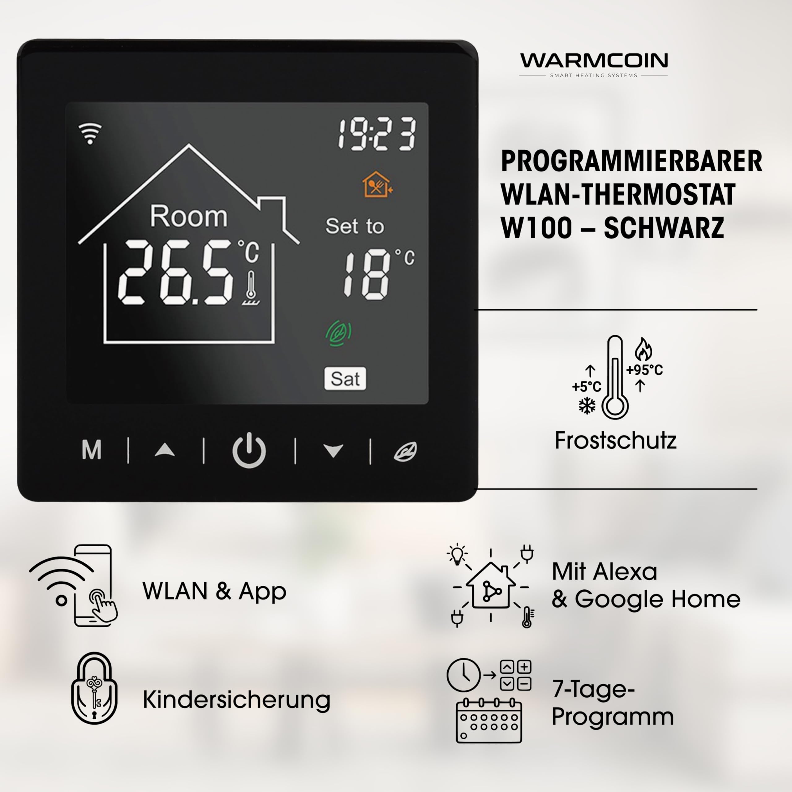 Kit Riscaldamento a Pavimento Elettrico 160W/m² – 5,0 m² – Per Piastrelle, Laminato e Vinile – Con Termostato WiFi W100 Nero Touch Screen Smart