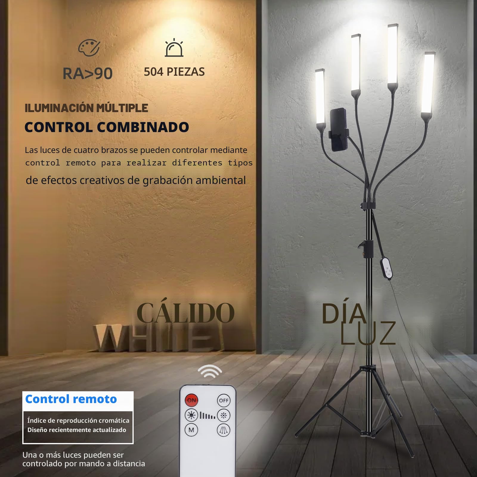 Luz LED de Cuatro Brazos para Fotografía, Lámpara Cosmética, Luz de Pestañas con Trípode y Soporte para Teléfono para Maquillaje, Pestañas, Cejas, Tatuaje, Manicura, Stream, Fotografía de Producto