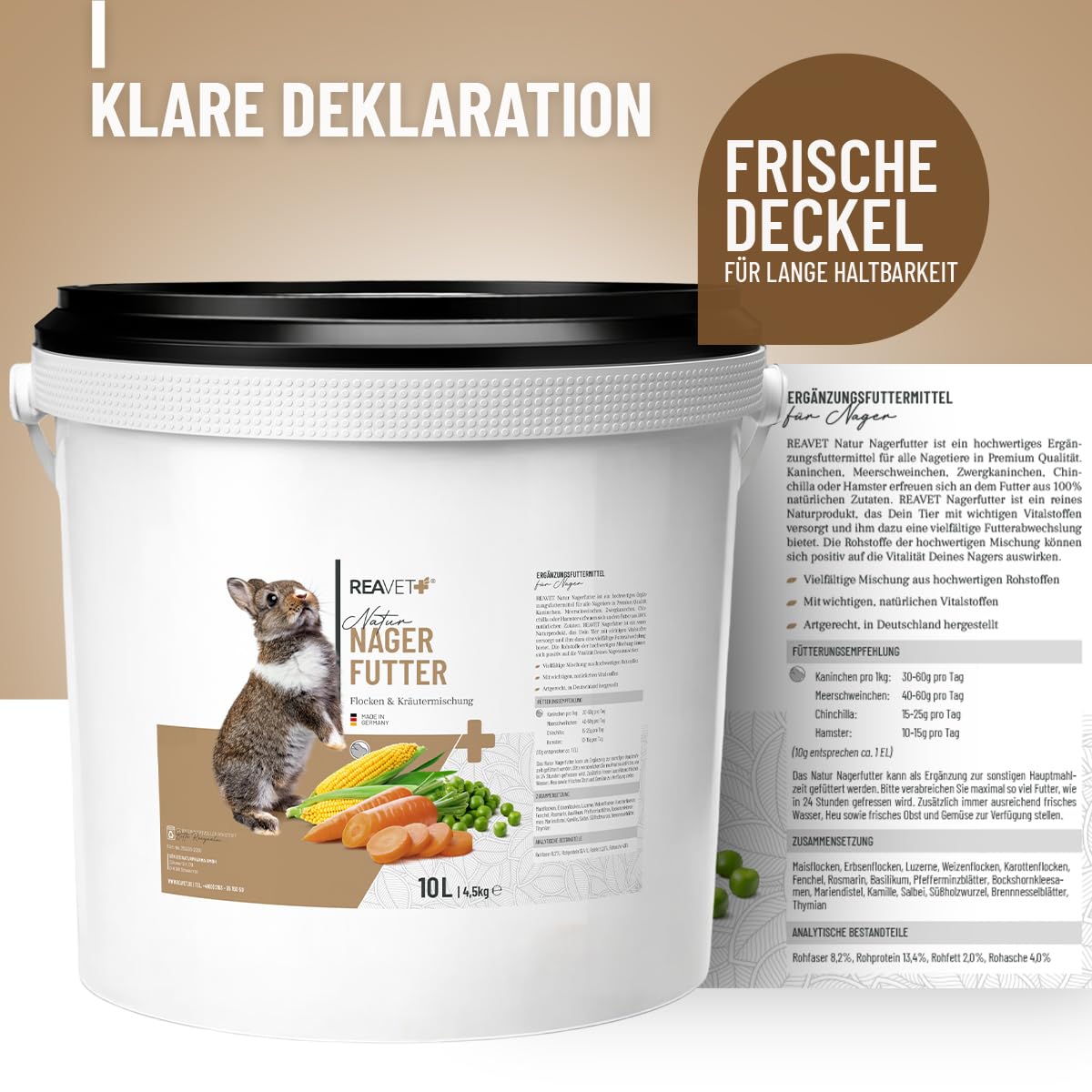 ReaVET Natur Nagerfutter 10 L – Kaninchenfutter, Meerschweinchenfutter auch für Hamster & Mäuse I Artgerecht mit Gemüseflocken, Kräutern, Getreide & Luzerne I Ohne künstliche Zusätze