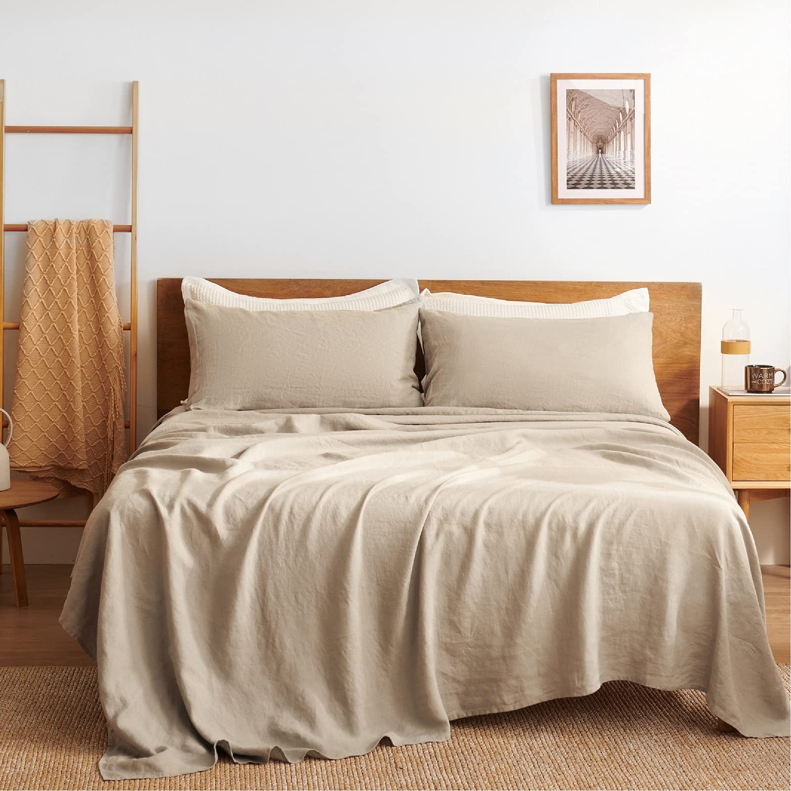 Bedsure Linen Sheets Set Queen Size - 100% Linen Bed Sheets Deep Pocket Sheets, Breathable Bedding Set, Washed French Line...