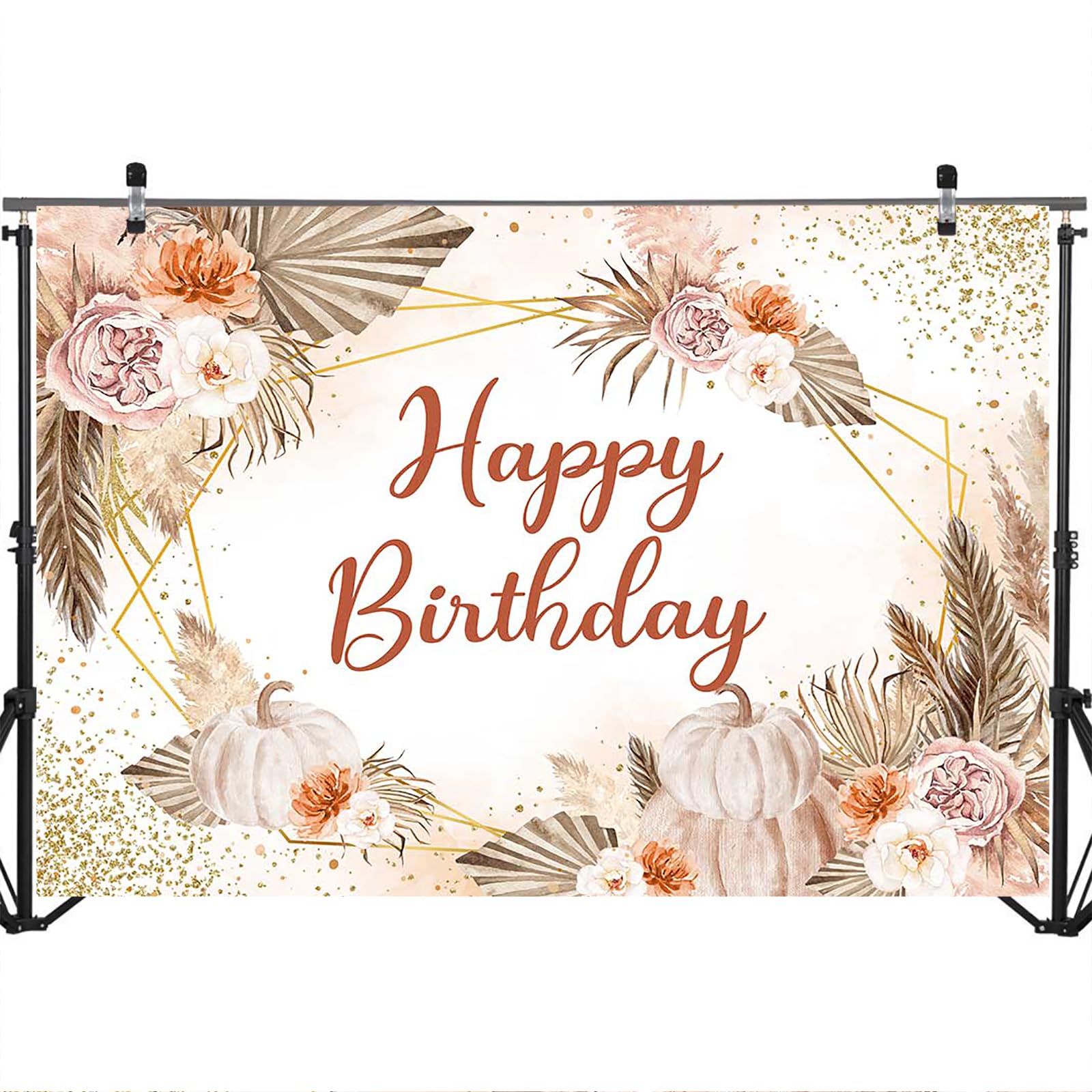 Mocsicka Autumn Pumpkin Birthday Backdrop Boho Pumpkins Fall Floral Happy Birthday Background Party Decorations Thanksgiving Autumn Leaves Pampas Grass Banner Photo Booth Props (6x4ft