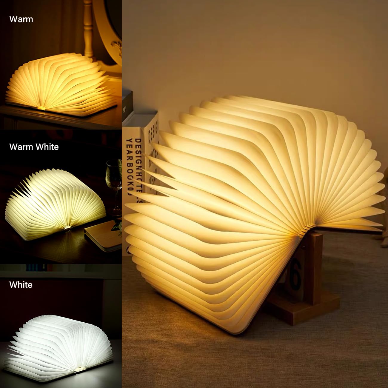 LOVUMMOR Book Lamp Folding Mood Light, Novelty LED Book-Shaped Night Light, USB Rechargeable Wooden Bedside Table Lamp, Soft Nighttime Lighting/Decor, Book Lovers Christmas Birthday Gift