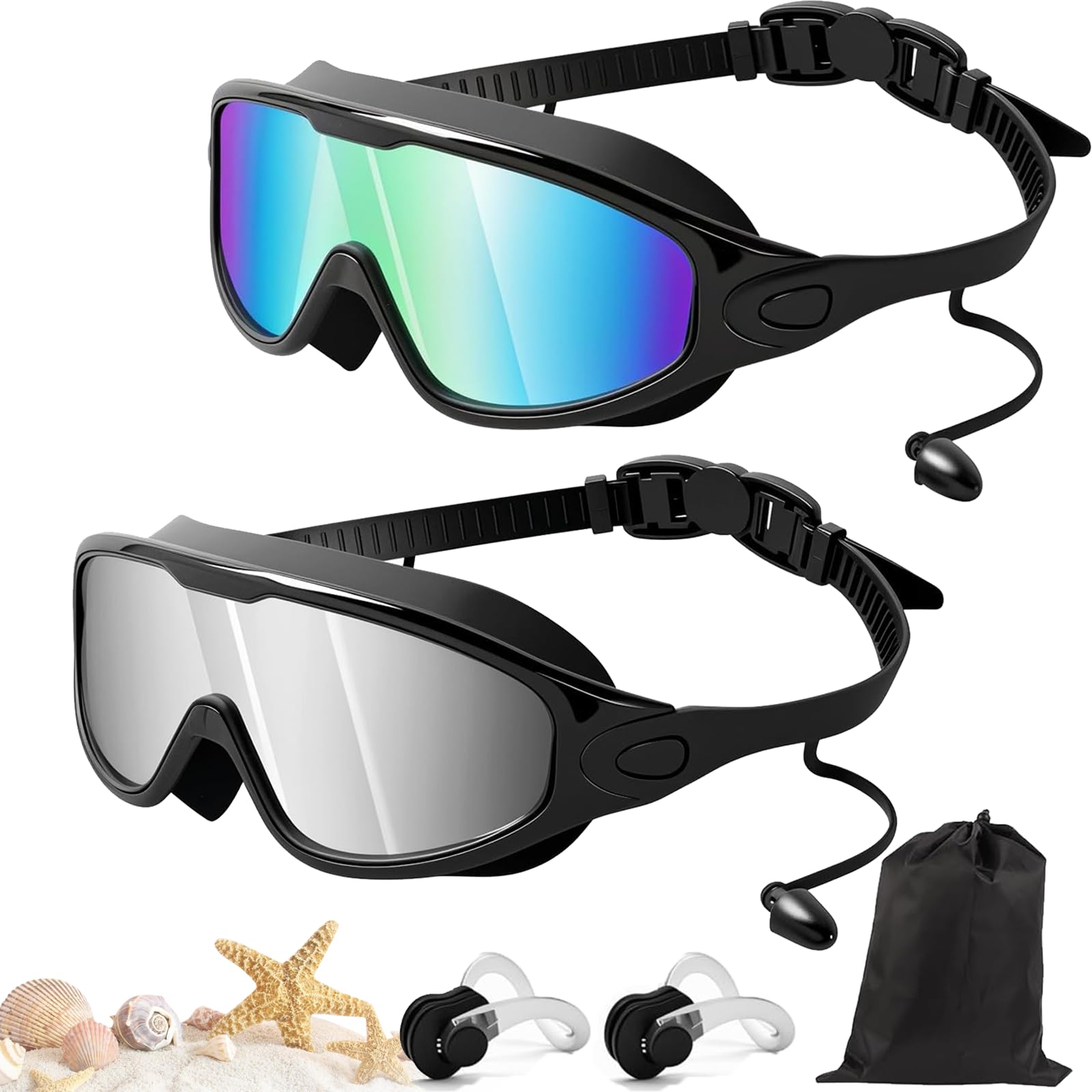 Qosneoun Splashy Eyes Goggles, Goggles with Ear Plugs, No Leaking Swim Glasses for Adult, Kids, HD Large Frame Waterproof Anti-Fog Swimming Goggles (B,Adults)