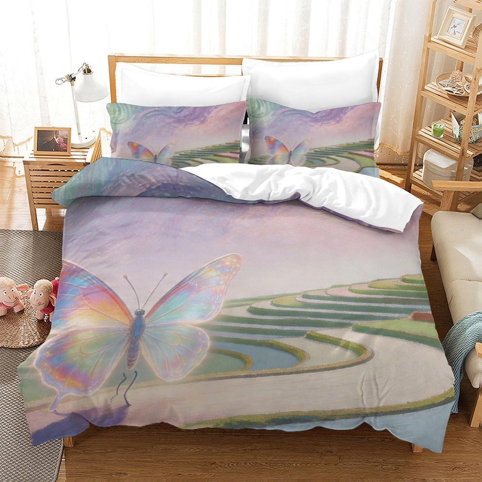 Housse de couette papillon 3D microfibres 135x200cm pour lit simple adulte
