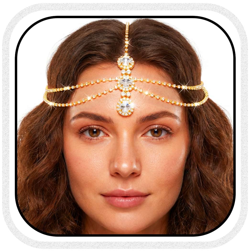 Brishow Rhinestone Gold Head Chain Jewelry Wedding, Rave Crystal Forehead Headpiece, Hair Accessories for Women