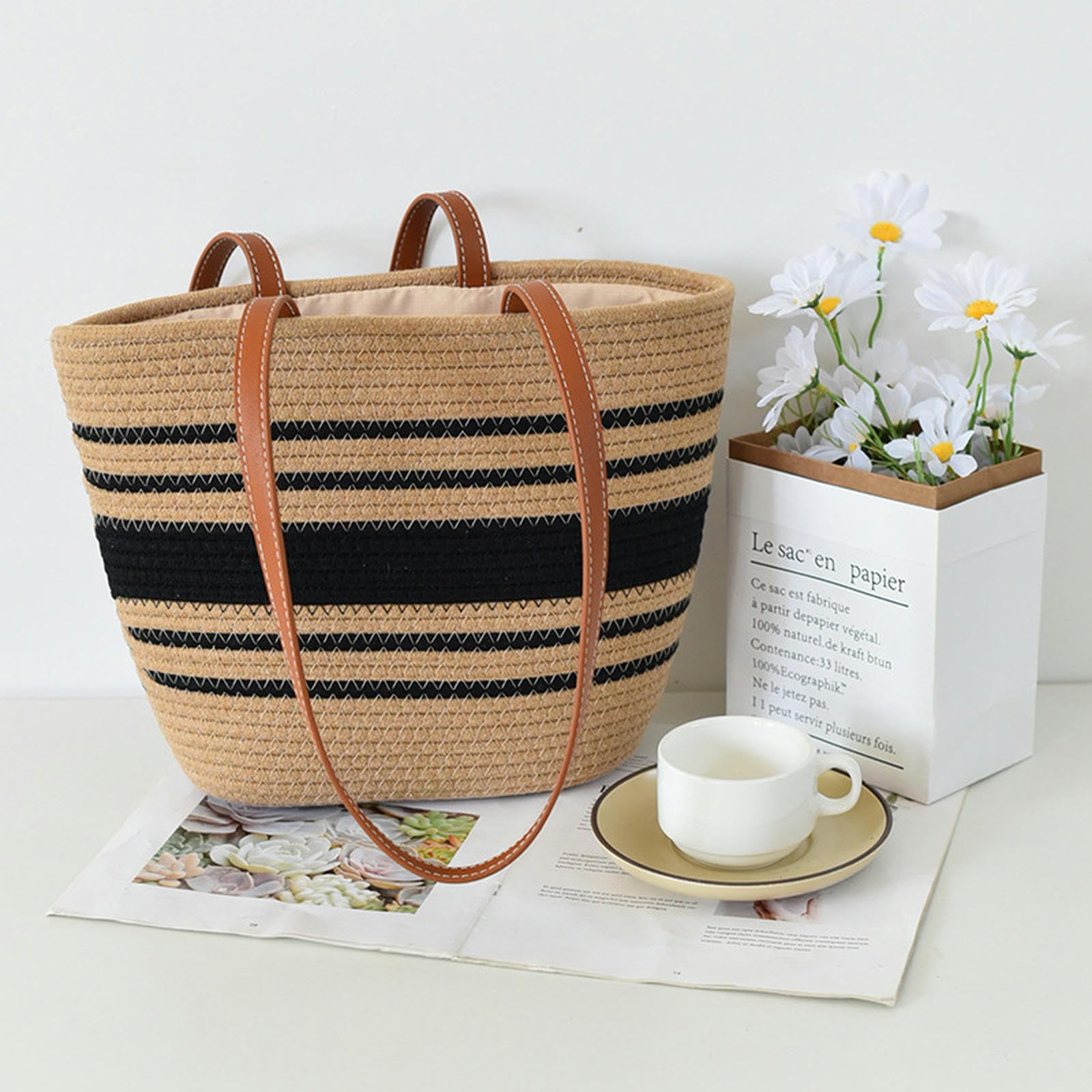 Borsa Paglia Temperamento, Moda, Borsa Tessuta delle Donne, Fashion Tote Bag, Borsa in Pelle Artificiale Intrecciata con Una Spalla, Grande capacità