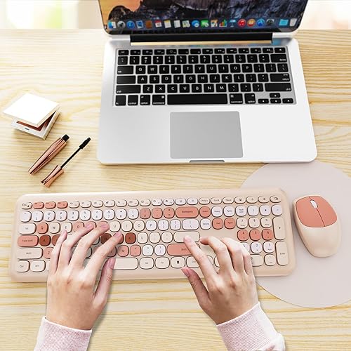 Vista 8 de Combo de teclado y mouse inalámbricos, colorido teclado ergonómico de tamaño completo con diseño retro, silencioso, con teclas bonitas, compatible