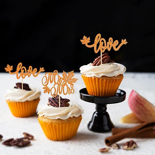 Miniatura 3 de Ercadio Paquete de 24 adornos para cupcakes de otoño y otoño, con purpurina naranja, hojas de arce, palillos para cupcakes para otoño, cosecha de