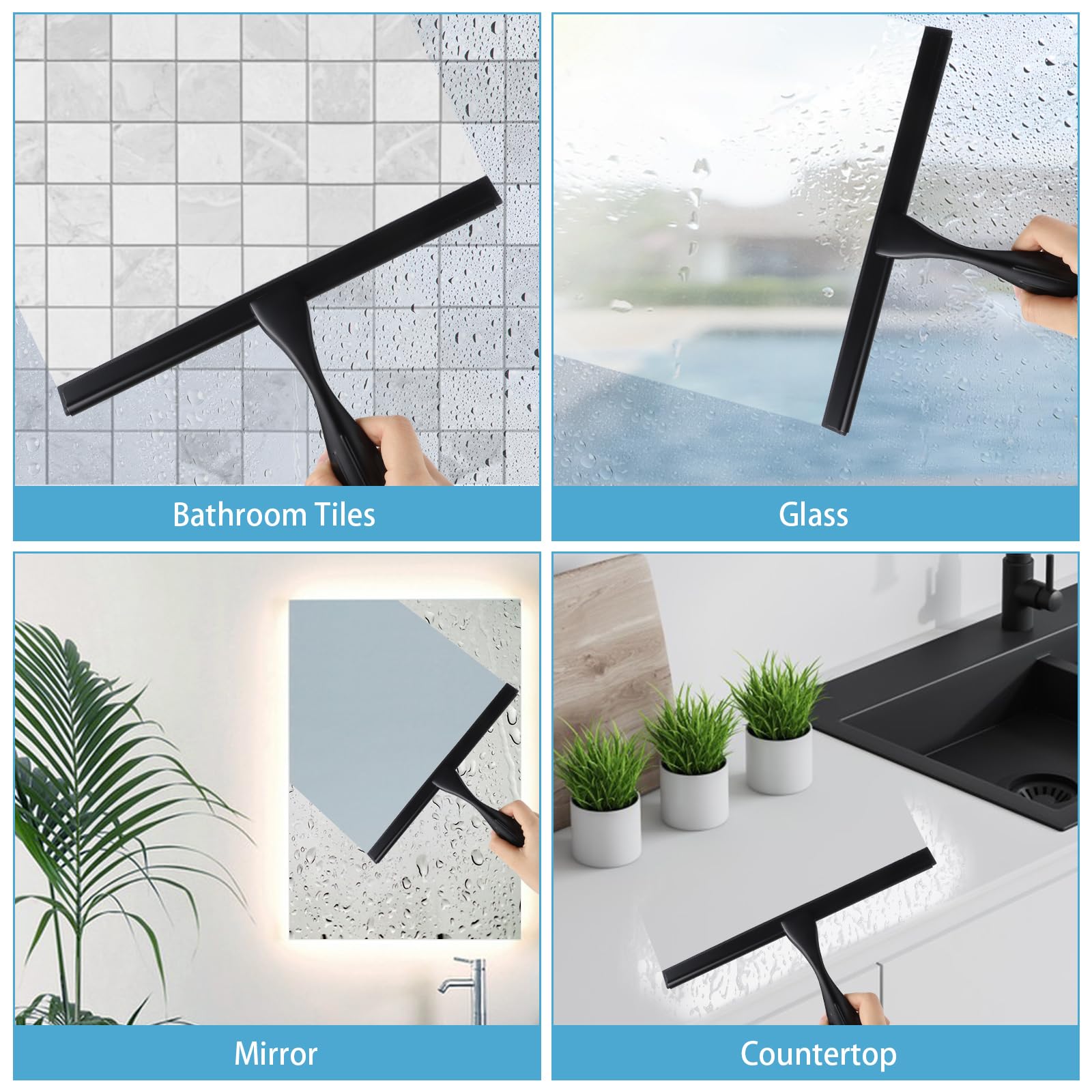 Duschabzieher Abzieher, 25,4 cm, Edelstahl, Dusche Zubehör, Fensterabzieher für Duschglastür mit Haken, Duschwand für Badezimmer, Fenster, Spiegel und Autoglas