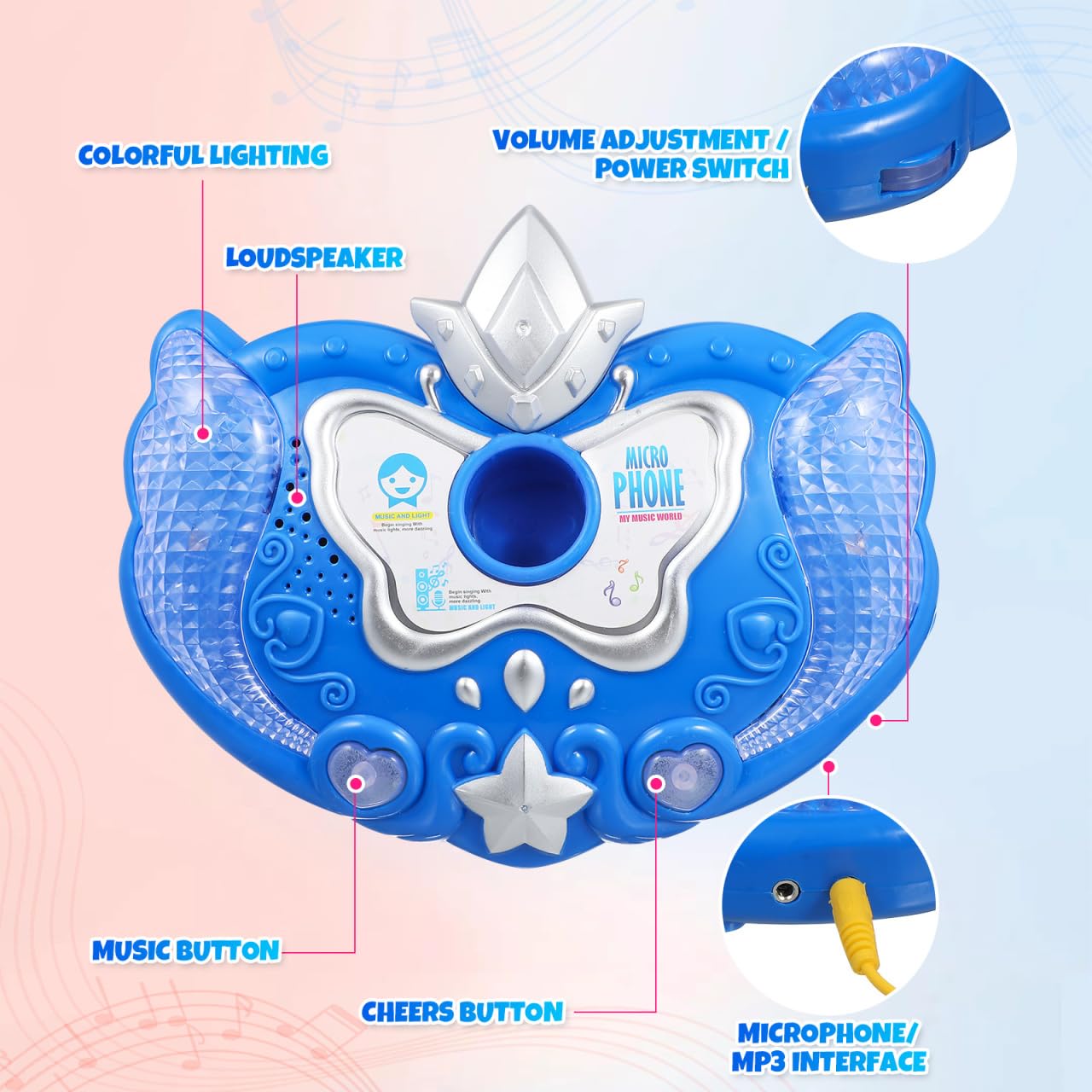 TOYANDONA Kids Karaoke Machine Microphones Adjustable Stand Music Sing Microphone Toy for Fun Musical Effects Blue - Image 3