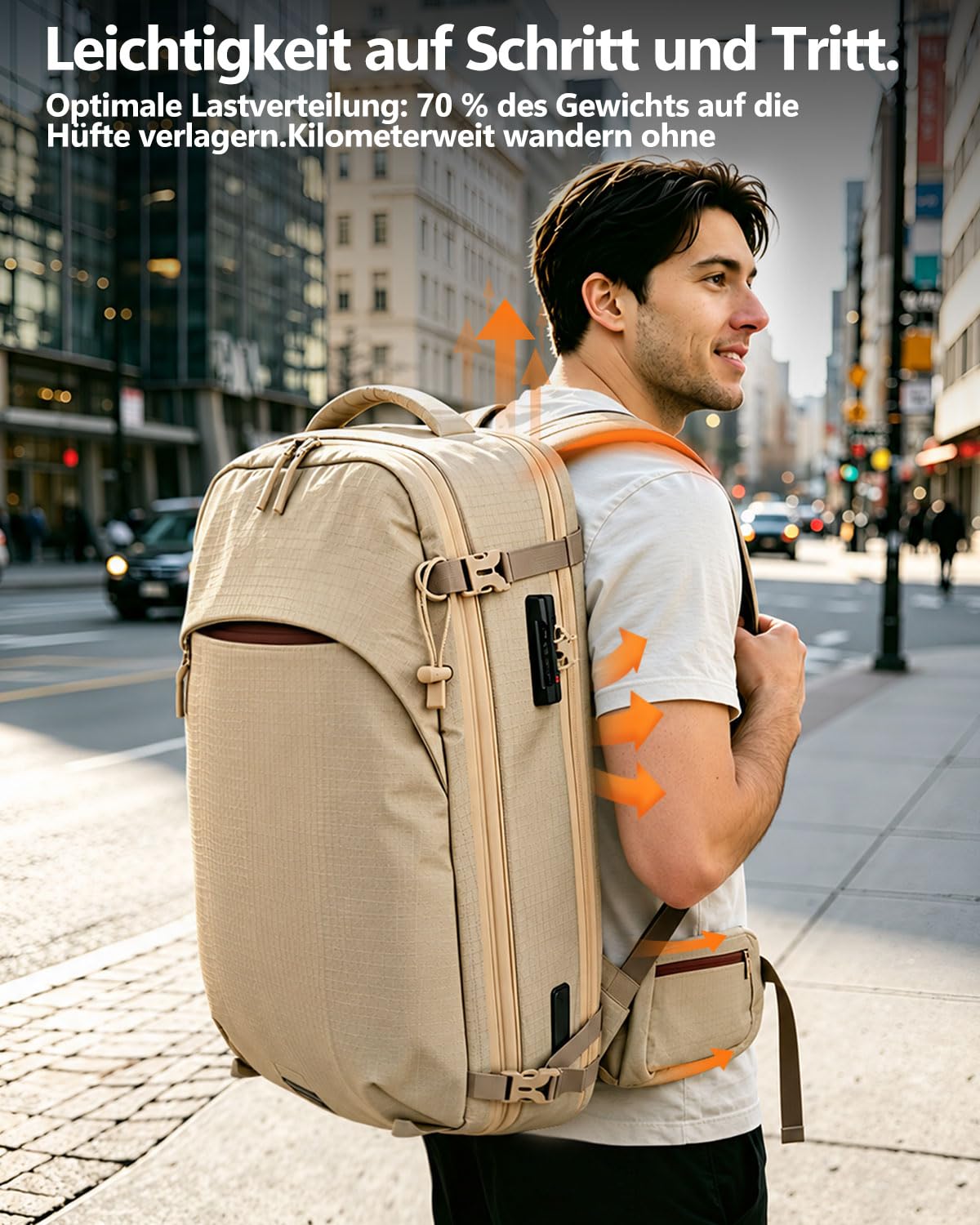 Zurligi Vakuum-Reiserucksack mit Pumpe, 40–70L, Handgepäck, Hüftgurt, Beige | Erweiterbarer Carry-on-Rucksack mit Kompression, TSA-Schloss, abnehmbarem Hüftgurt und wasserabweisendem Design für Reisen